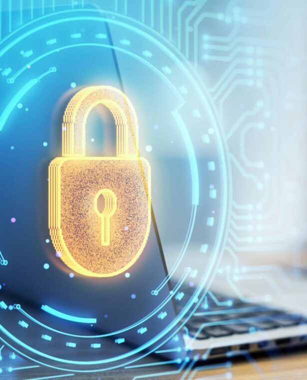 Data protection image showing a padlock over a laptop