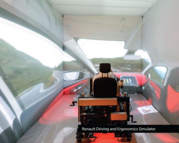 five-sided CAVE being used for virtual and augmented reality design of a car's interior using a mechanical buck to simulate driving
