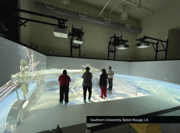 Double wide four sided front projection immersive virtual extended reality CAVE with four viewers