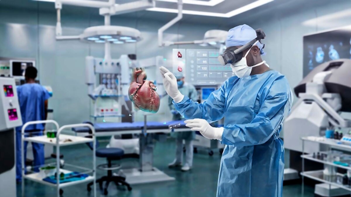 Doctor with HMD looking at a heart virtually