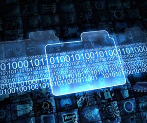 Blue graphic with a folder, numbers and icons that symbolize a database management system