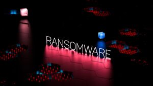 RANSOMWARE digital text, word, data security threat. Ransomware concept, banner. 3D render