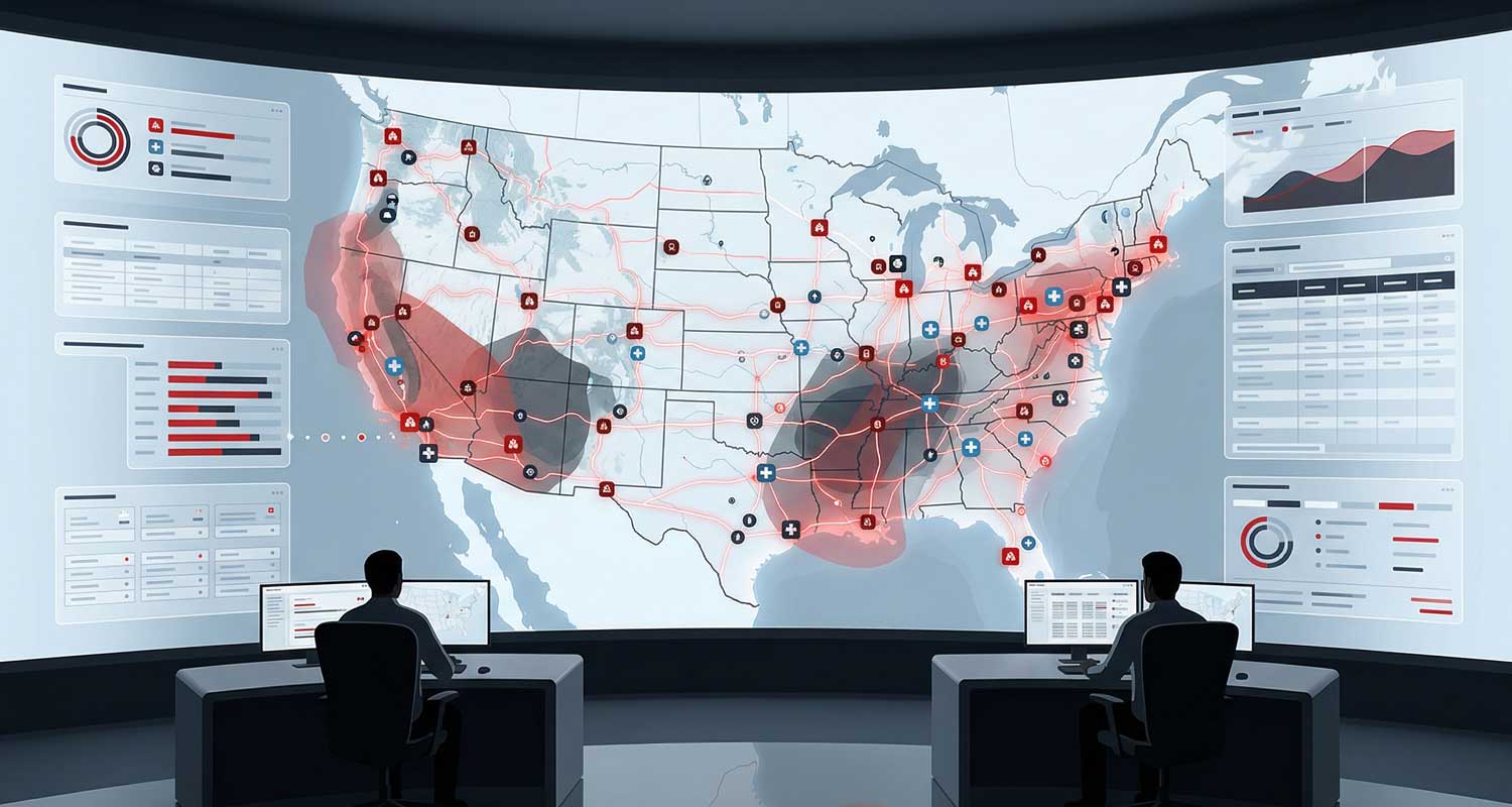 GIS Visualization Environment - two people sitting at desks with monitors in front of a massive display with GIS data on it.