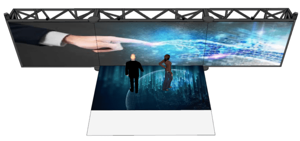 Reconfigurable immersive virtual reality FLEX cave with two walls open to flat video wall mode.