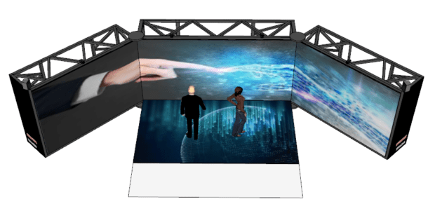 Reconfigurable immersive virtual reality cave with two walls open in angled theater mode.