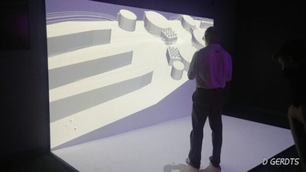 Two wall virtual and extended reality bench immersive CAVE using projection