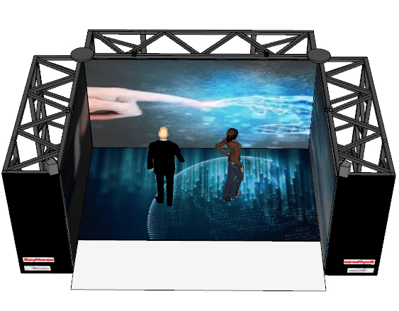 Reconfigurable immersive virtual reality cave with side walls closed for fully immersive configuration