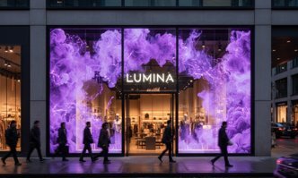 Retail storefront with a transparent LED display integrated into the glass façade, showing vibrant purple visual effects while maintaining visibility into the interior space and pedestrians walking outside.