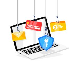 Phishing Scam Alert Concept. Phishing scam, hooks bait with email, card, and shield. Vector illustration.