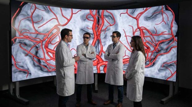 Medical professionals discussing findings in front of a powerwall with blood vessels in the brain on display