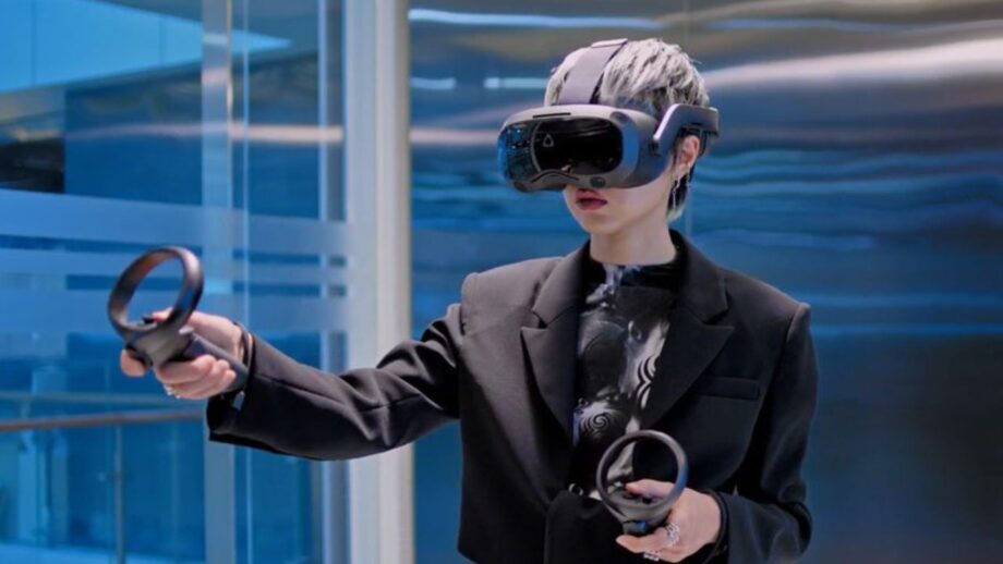 Person wearing VIVE HMDs in an immersive training environment