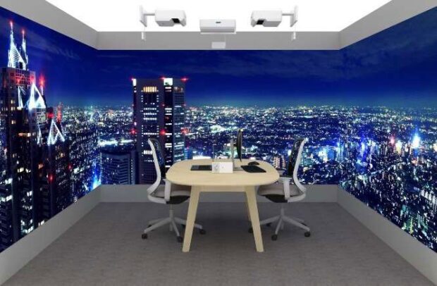 Immersive office space with wraparound floor to ceiling display