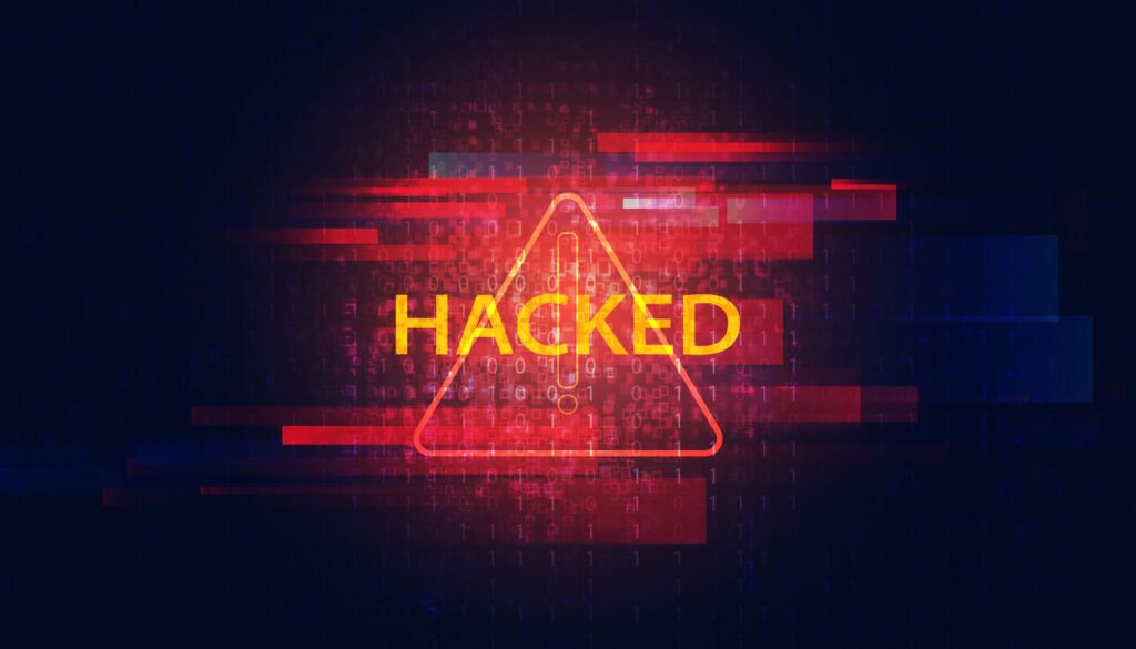 Graphic of red alert icon with digital font reading "hacked" overlayed