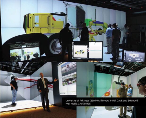 picture showing a FLEX CAVE in three different configurations - flat video wall, L shape, and immersive virtual extended reality CAVE